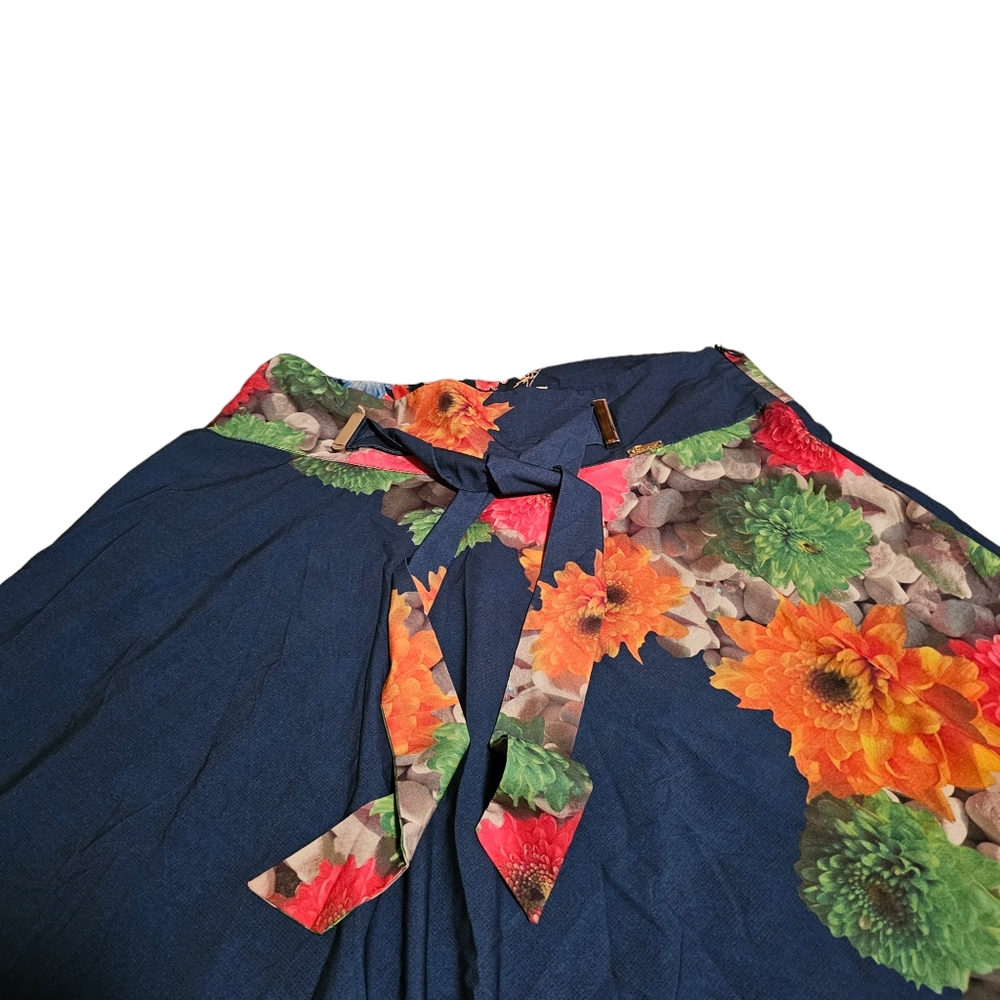 FEVROJ Flare Midi Skirt Floral Print Blue Flowy Tie Belt Women's  Large - Picture 5 of 16
